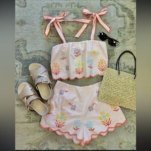 Pink floral embroidered short set